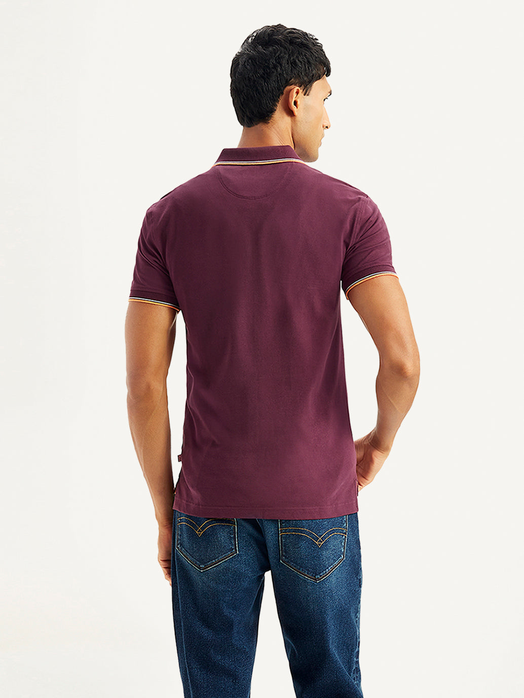 Men's Solid Slim Fit Polo T-shirt - Back View