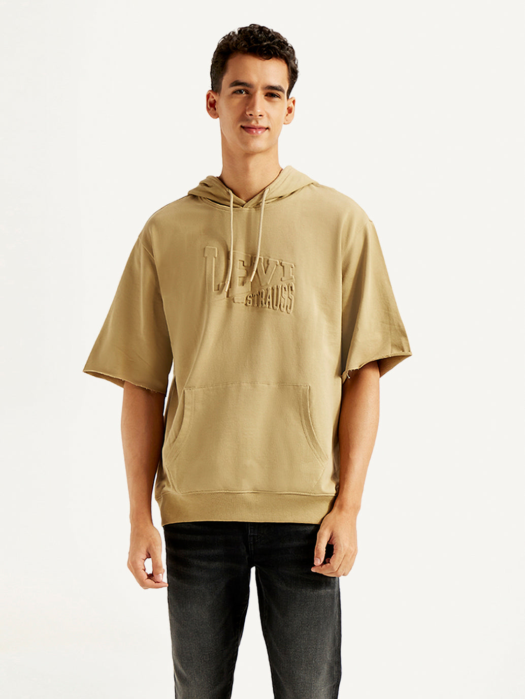 Men's Embossed Tan Hooded Sweatshirt - Front View