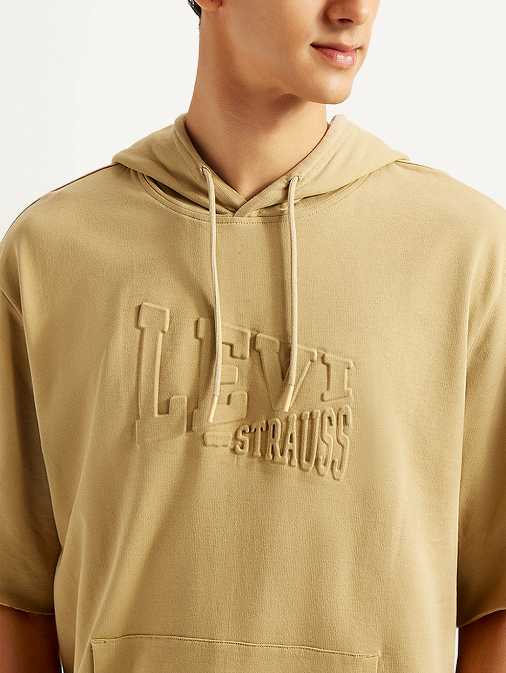Men's Embossed Tan Hooded Sweatshirt - Detail View