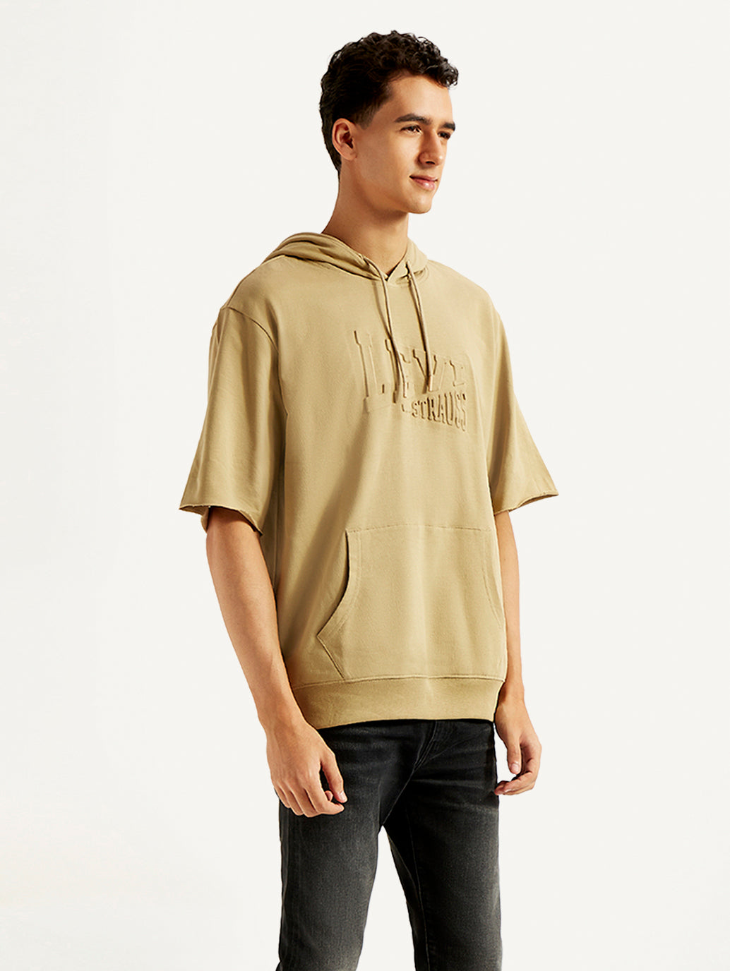 Men's Embossed Tan Hooded Sweatshirt - Side View