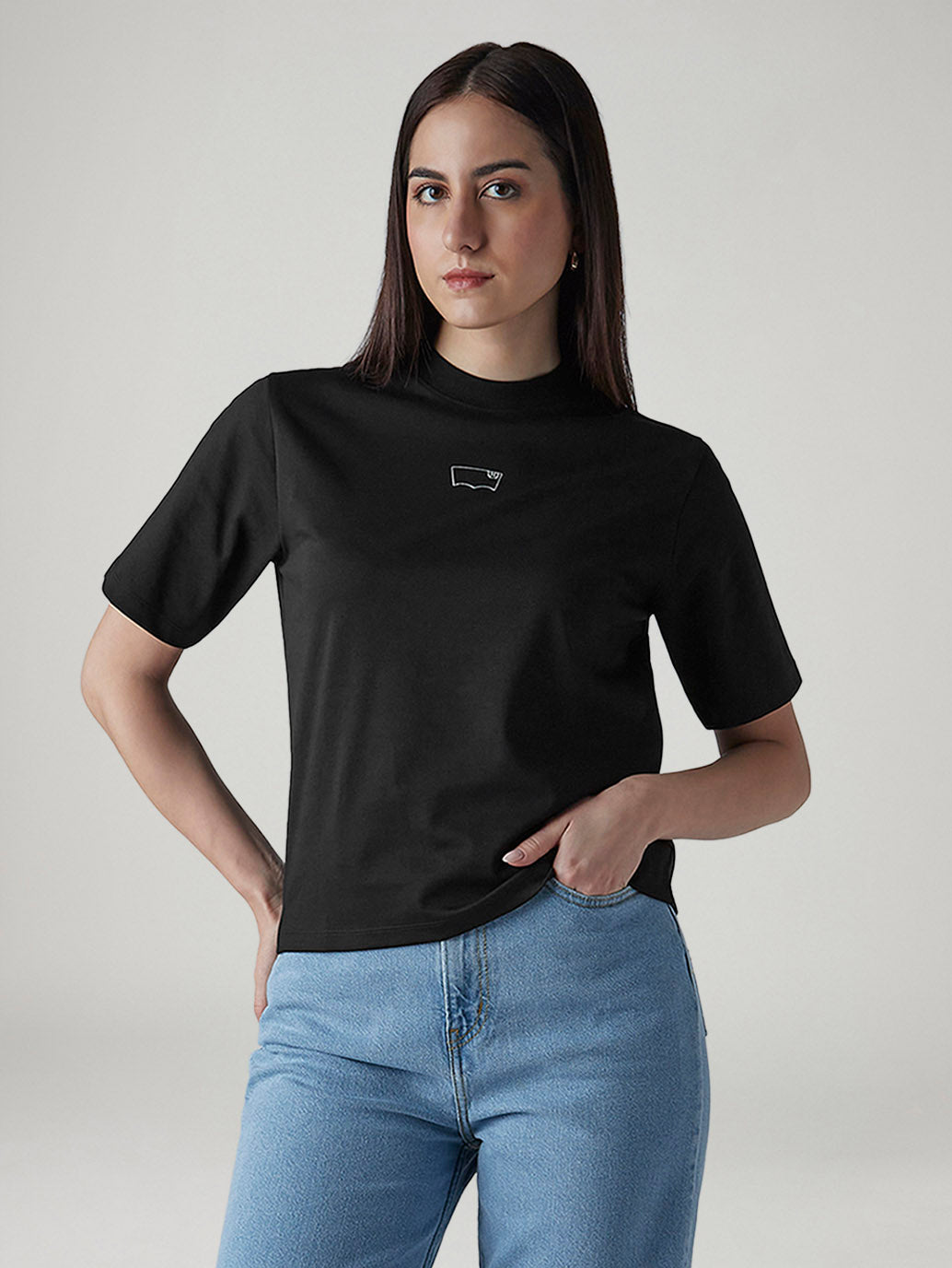 Women's Brand Logo Black Collar Neck T-shirt - Styleshot View