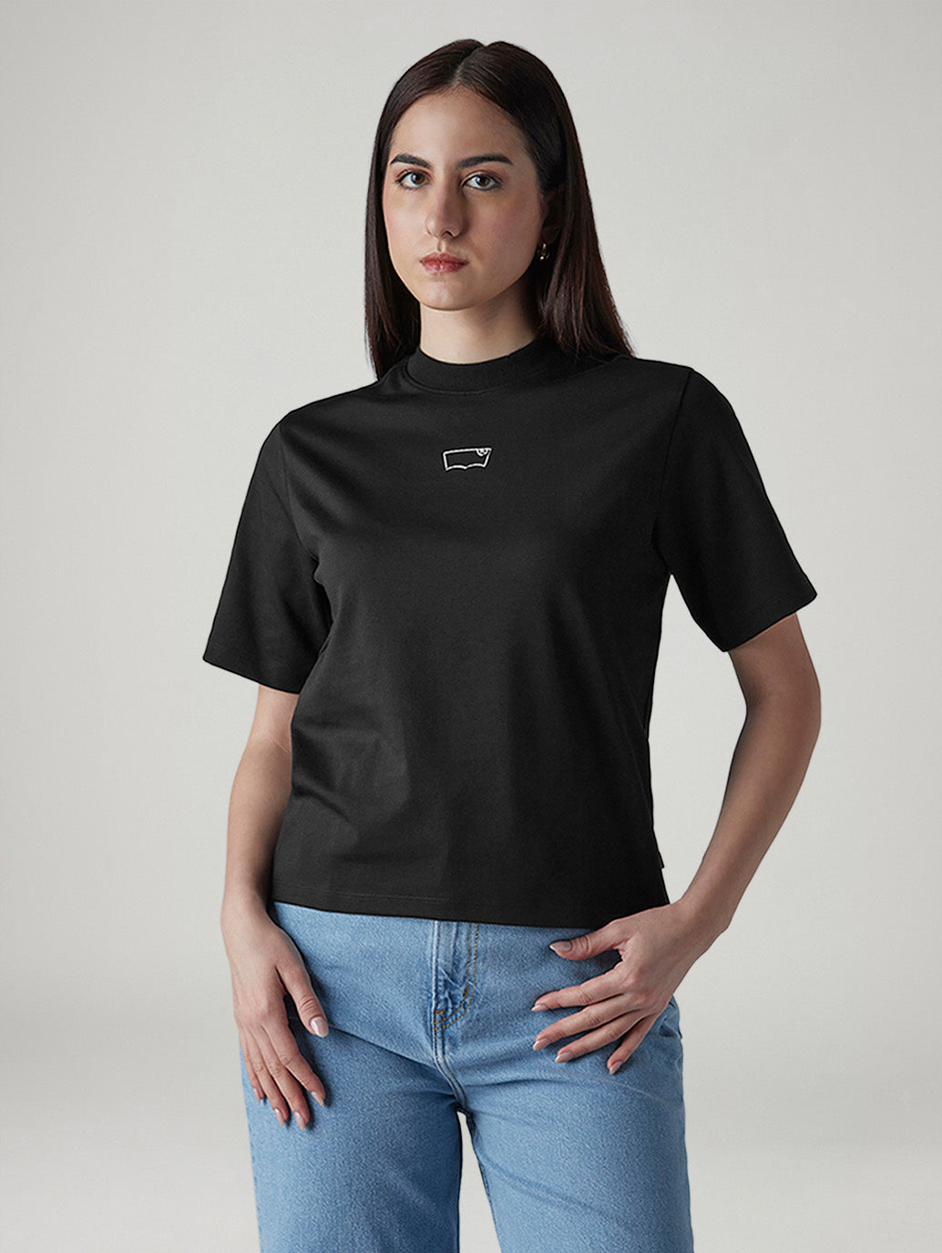 Women's Brand Logo Black Collar Neck T-shirt