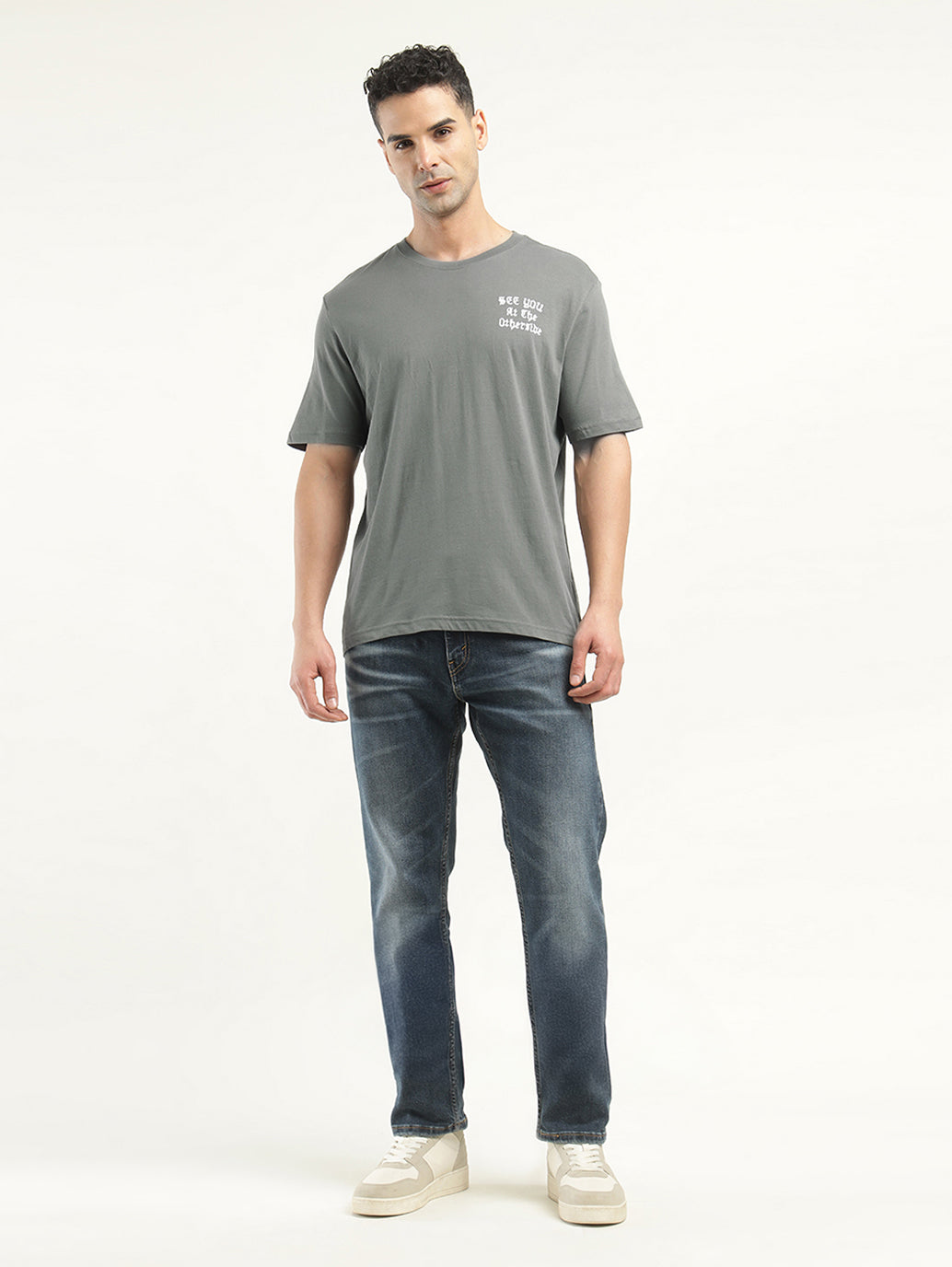 Men's Typographic Print Crew Neck T-Shirt - ModelFront View