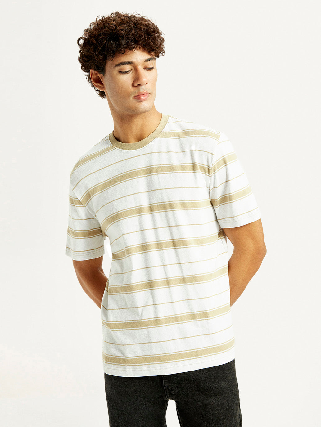 Men's Striped White Crew Neck T-shirt - Elevated View