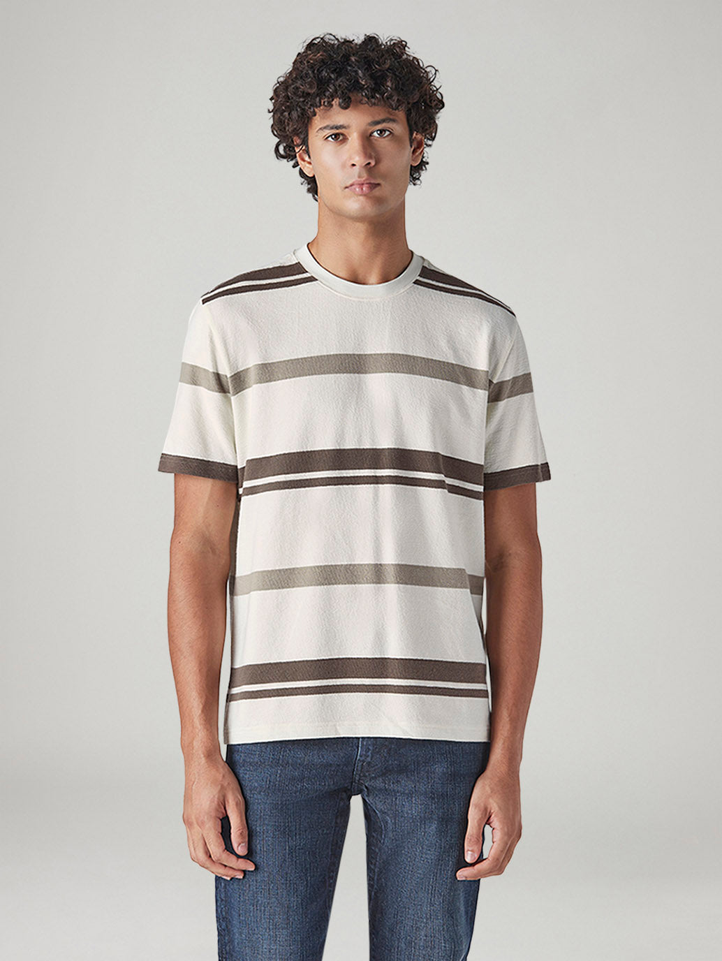 Men's Striped Regular Fit Textured T-Shirt - Front View