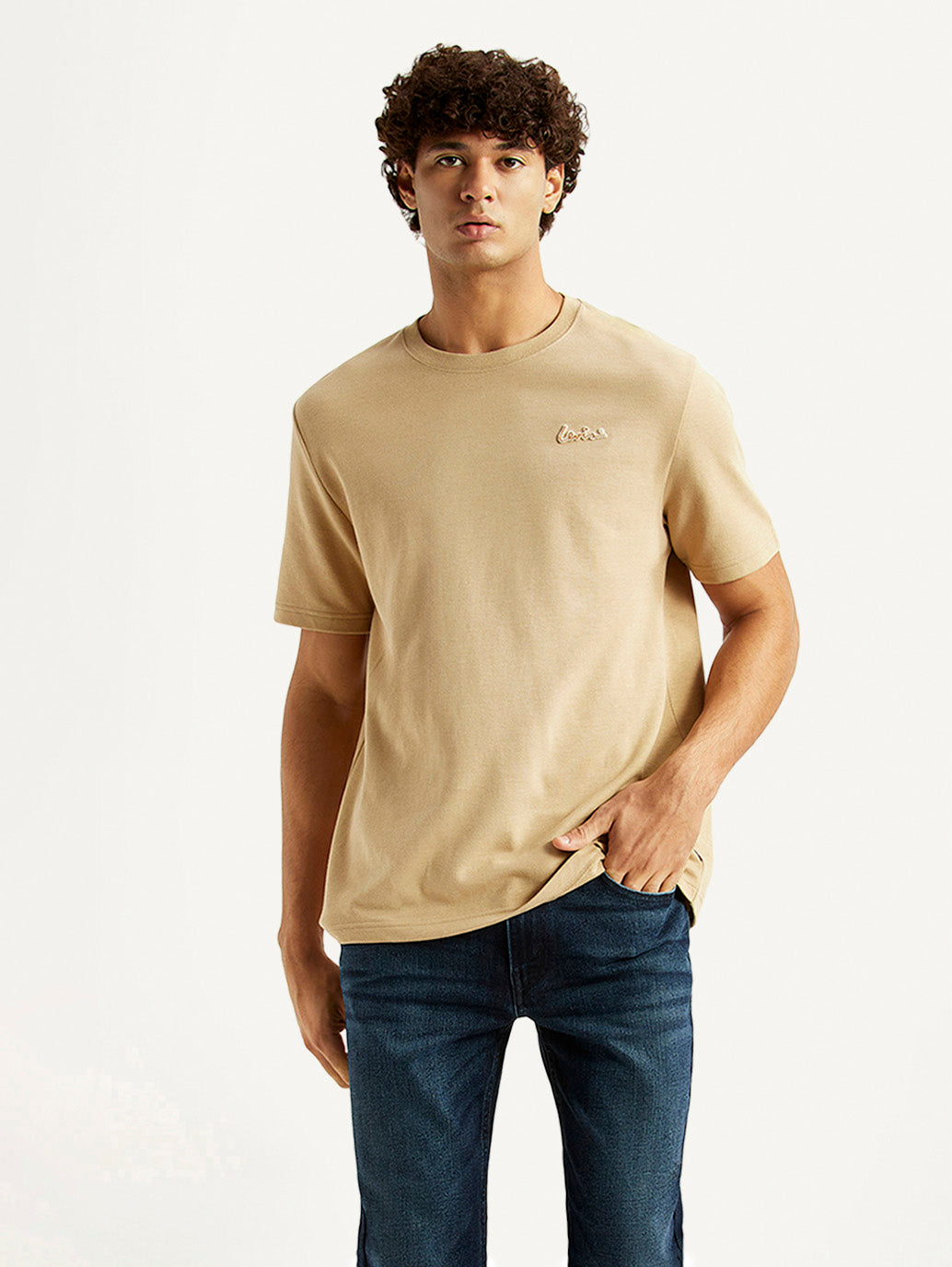 Men's Solid Beige Crew Neck T-shirt