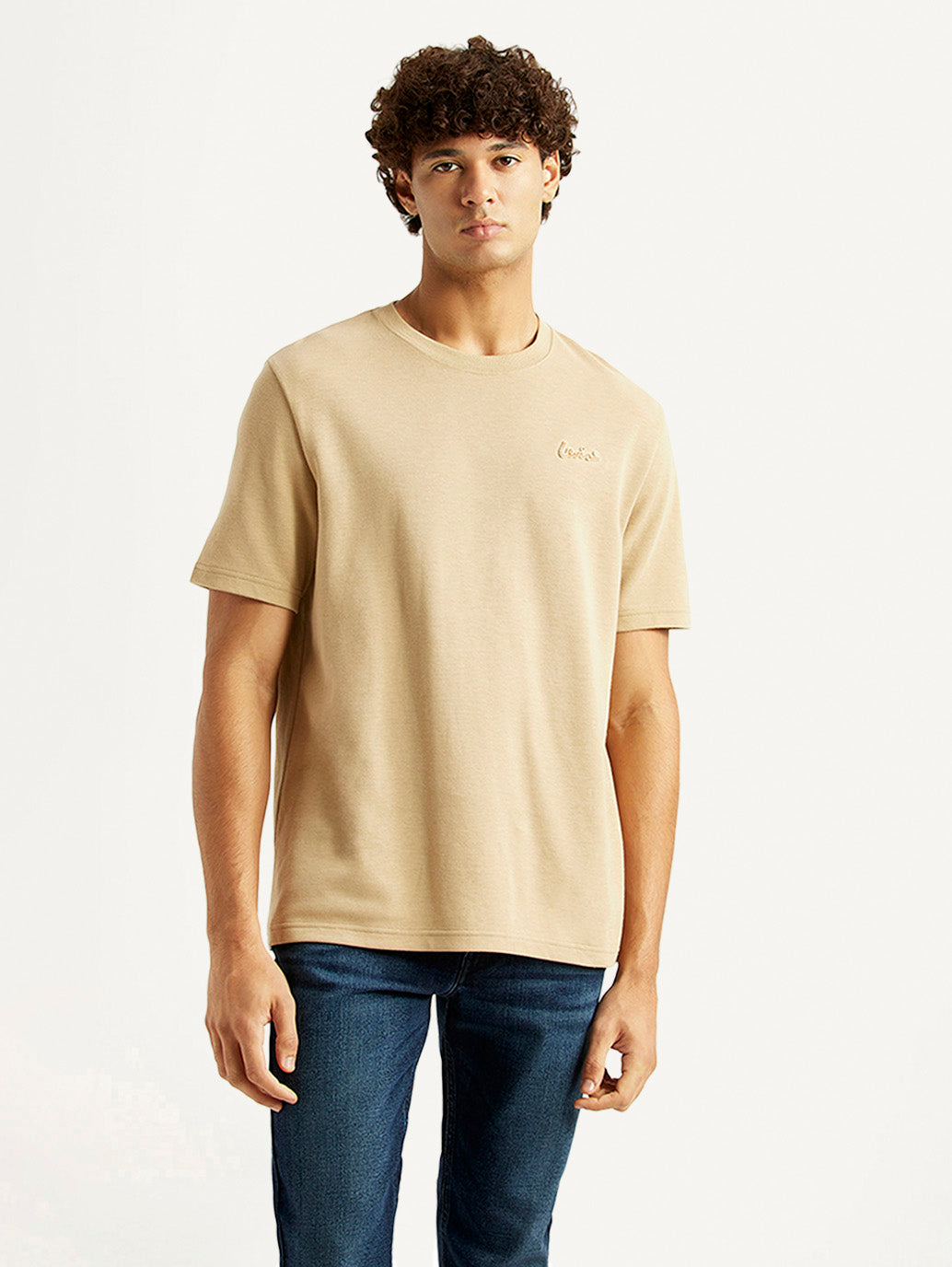 Men's Solid Beige Crew Neck T-shirt - Front View