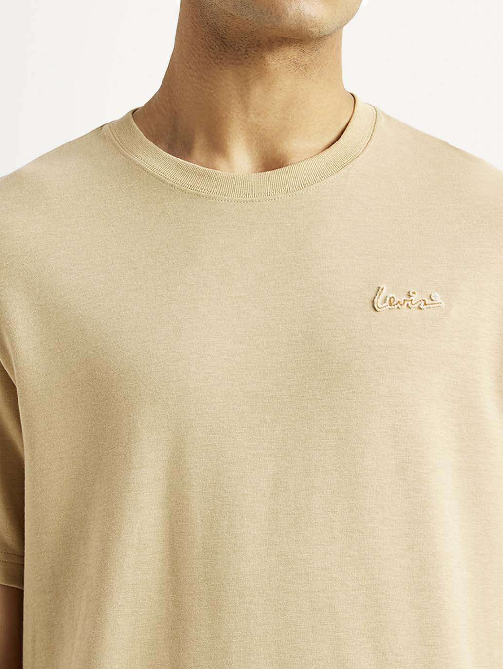 Men's Solid Beige Crew Neck T-shirt - Detail View