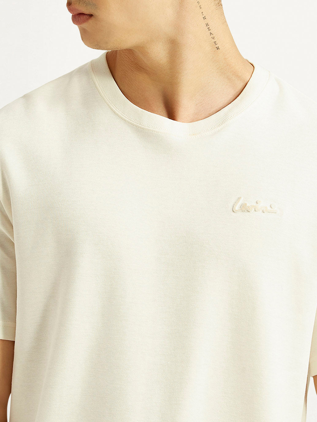 Men's Solid Off White Crew Neck T-shirt - Detail View
