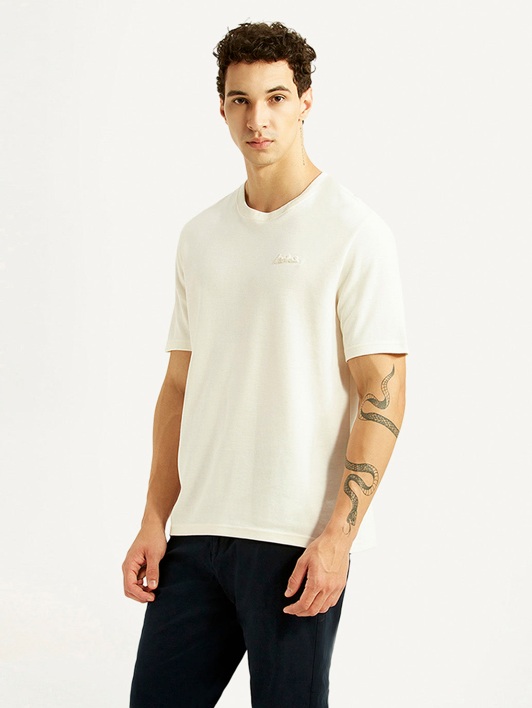 Men's Solid Off White Crew Neck T-shirt - Side View