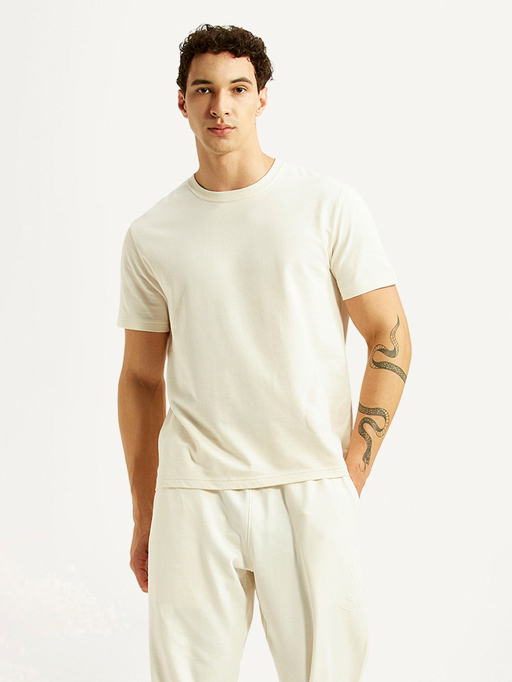 Men's Solid Off White Crew Neck T-shirt - Styleshot View