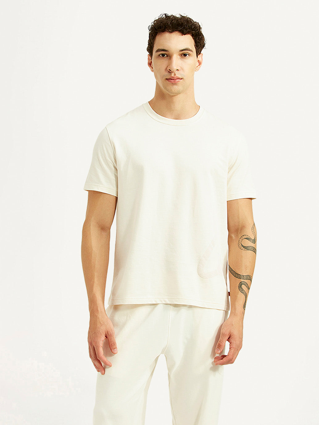 Men's Solid Off White Crew Neck T-shirt - Front View