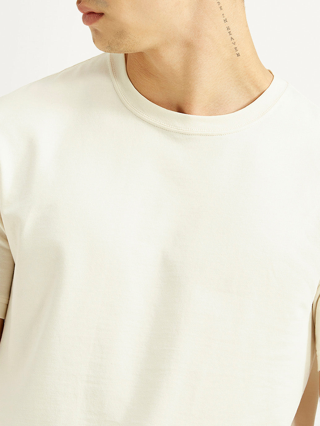 Men's Solid Off White Crew Neck T-shirt - Detail View