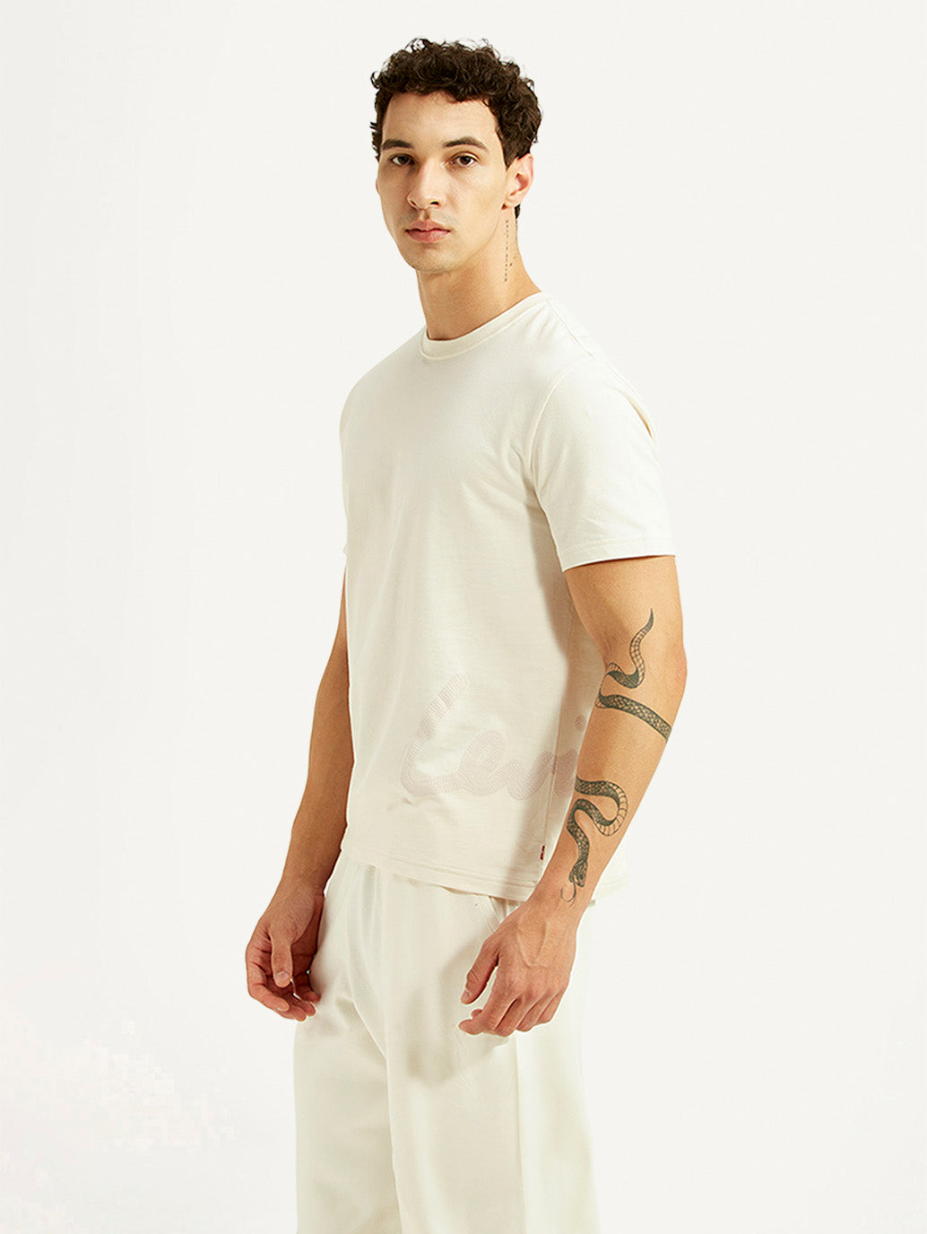 Men's Solid Off White Crew Neck T-shirt - Side View