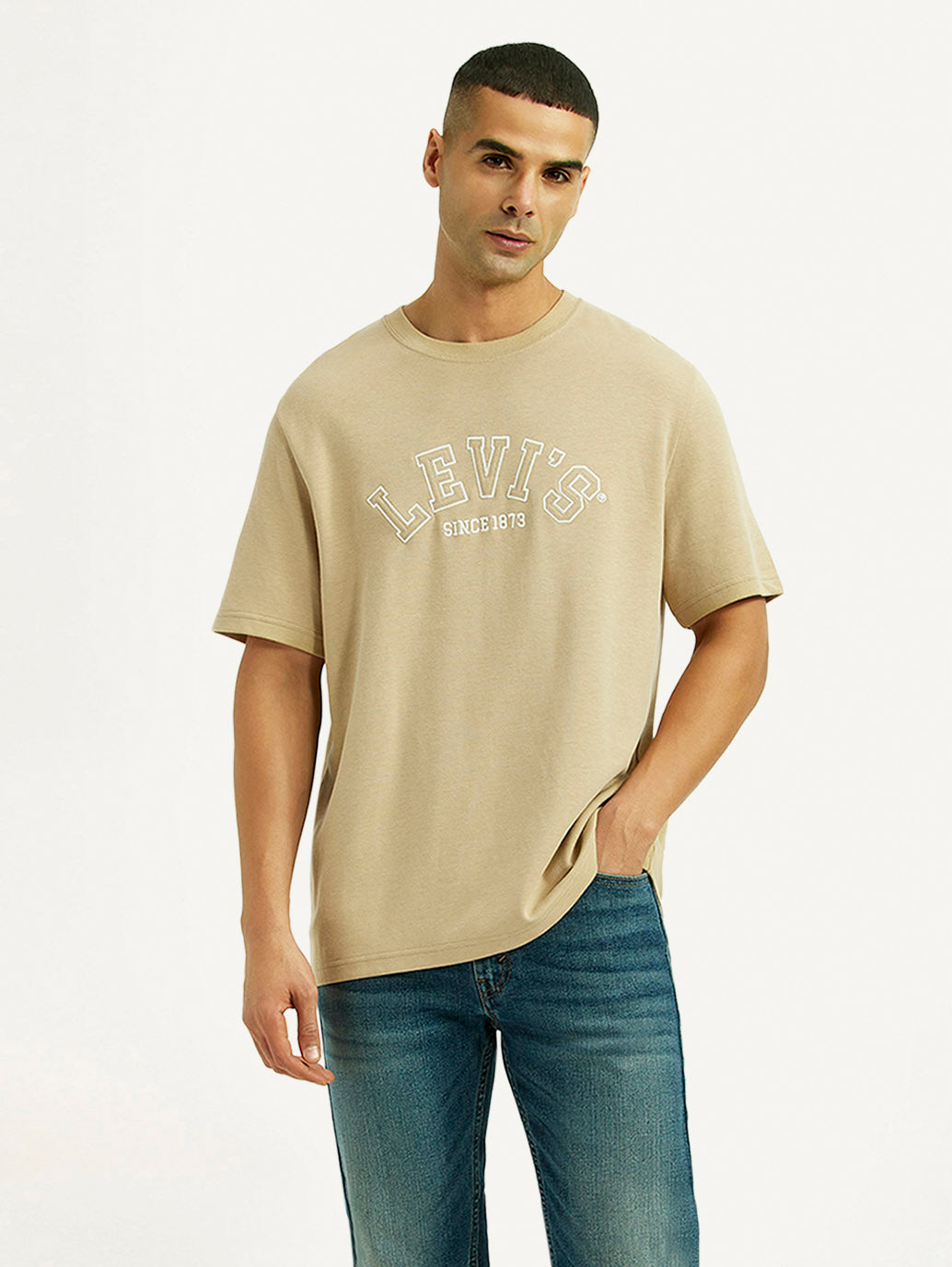 Men's Brand Logo Beige Crew Neck T-shirt