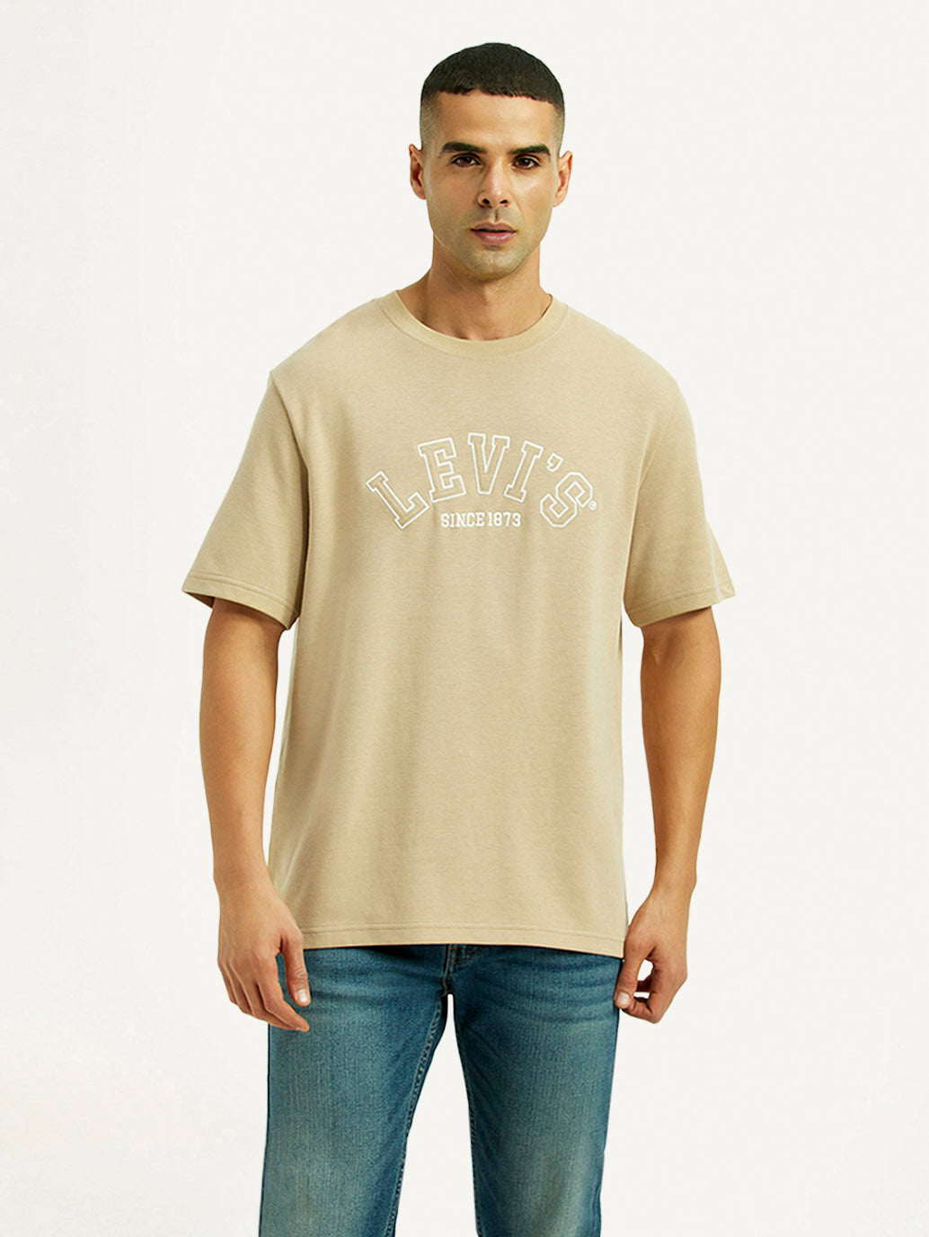 Men's Brand Logo Beige Crew Neck T-shirt - Front View