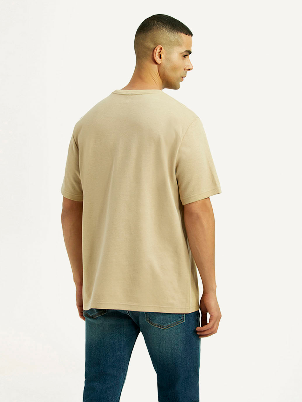 Men's Brand Logo Beige Crew Neck T-shirt - Back View