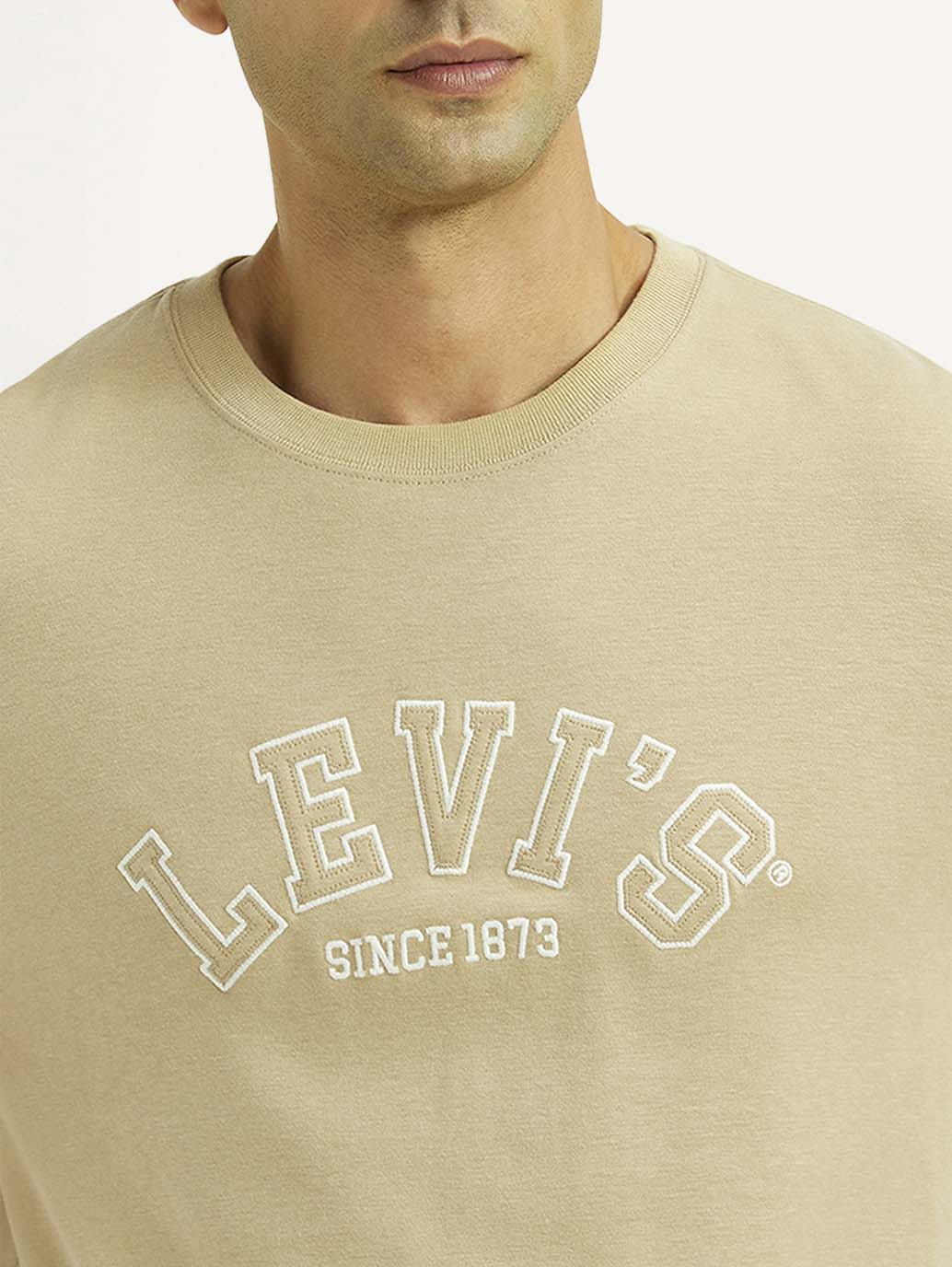 Men's Brand Logo Beige Crew Neck T-shirt - Detail View