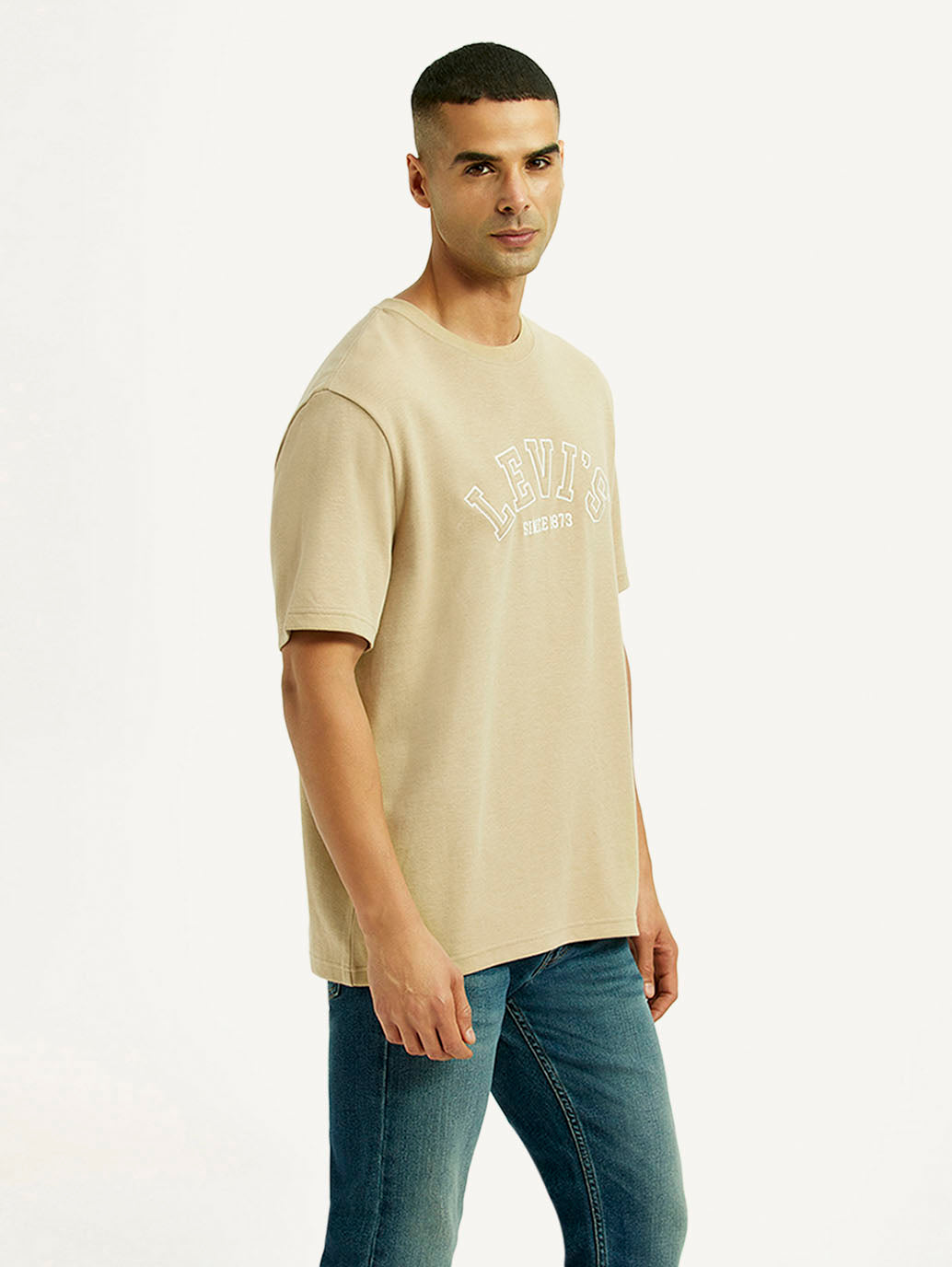 Men's Brand Logo Beige Crew Neck T-shirt - Side View