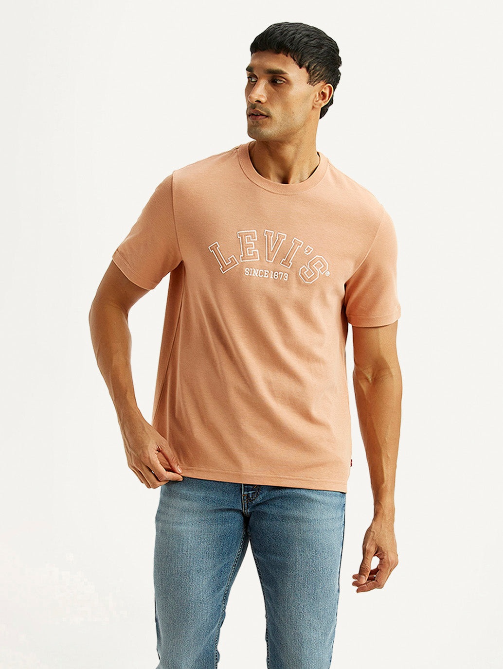 Men's Embroidered Peach Crew Neck T-shirt