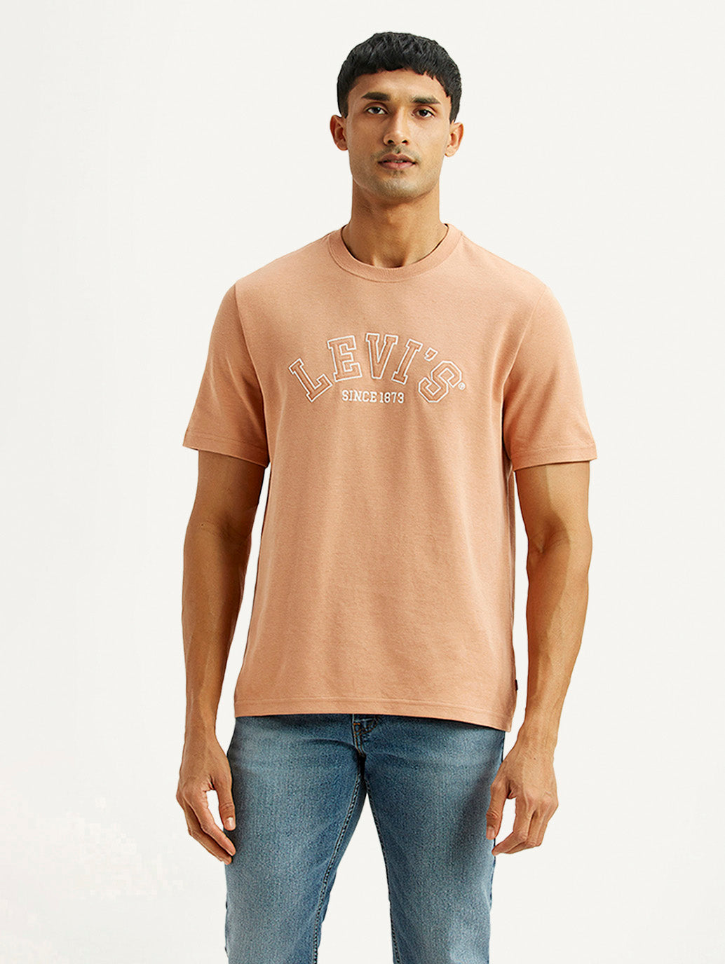 Men's Embroidered Peach Crew Neck T-shirt - Front View