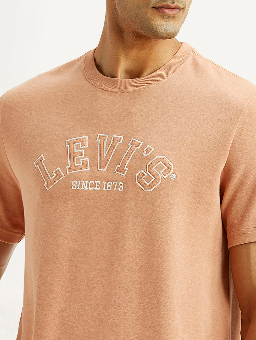 Men's Embroidered Peach Crew Neck T-shirt - Detail View