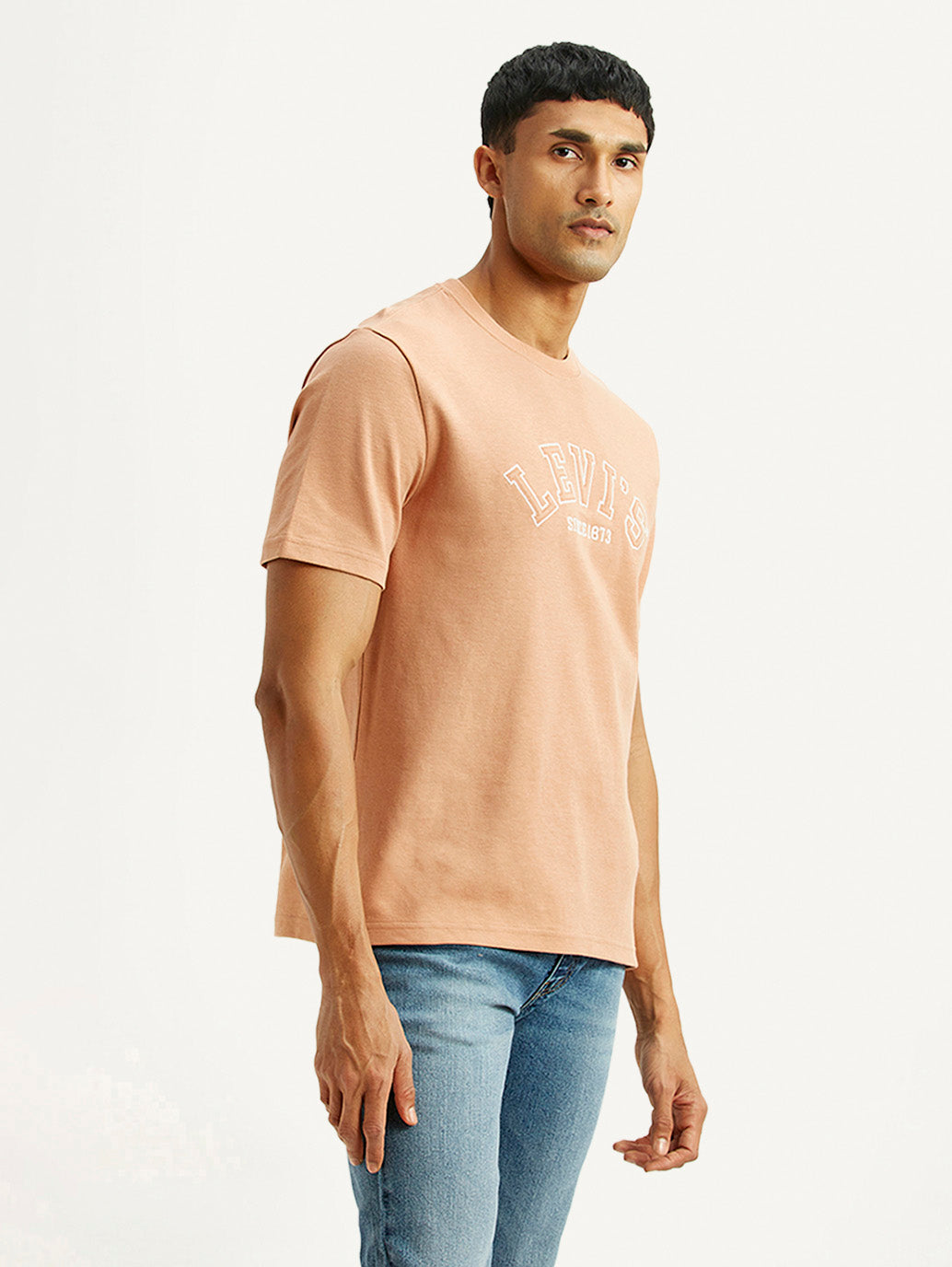Men's Embroidered Peach Crew Neck T-shirt - Side View