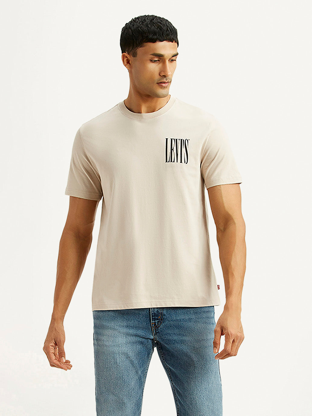 Men's Brand Logo Beige Crew Neck T-shirt - Styleshot View