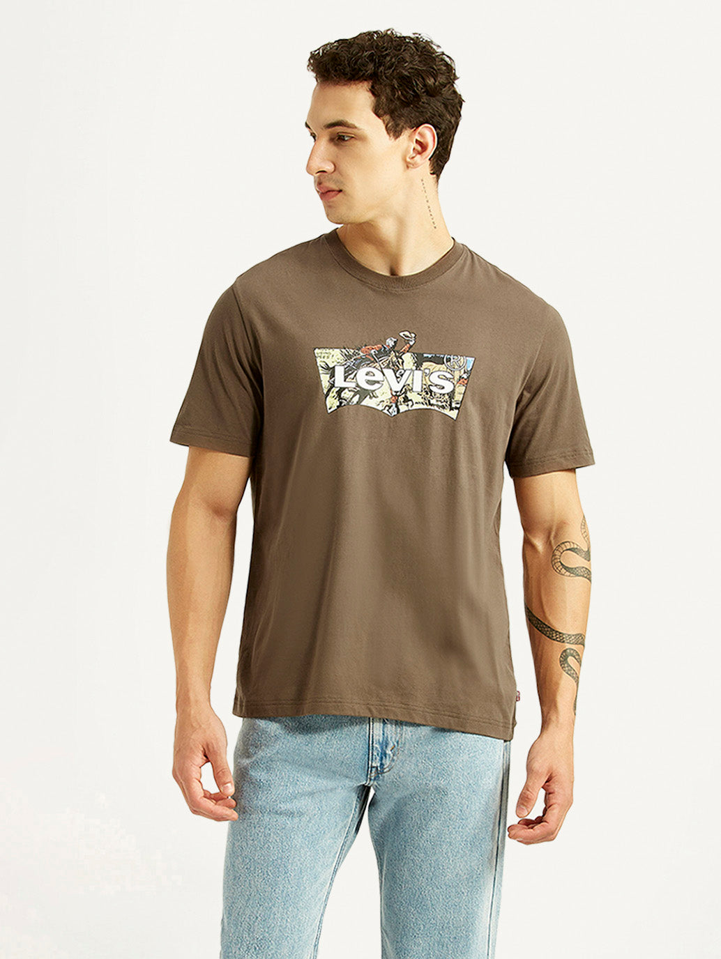 Men's Brand Logo Brown Crew Neck T-shirt