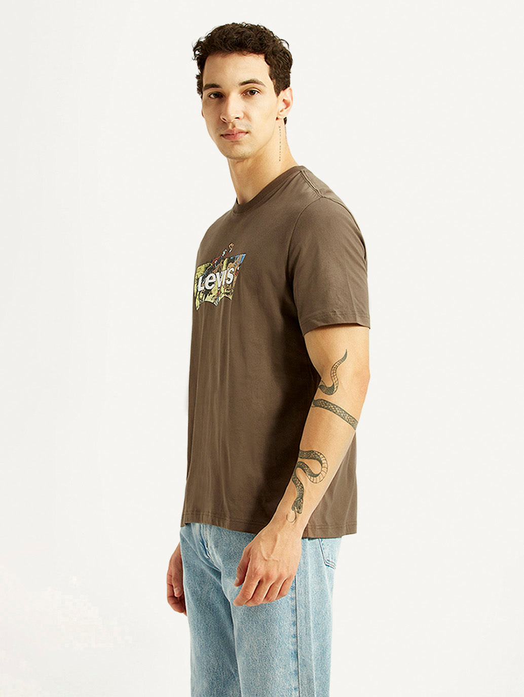 Men's Brand Logo Brown Crew Neck T-shirt - Side View