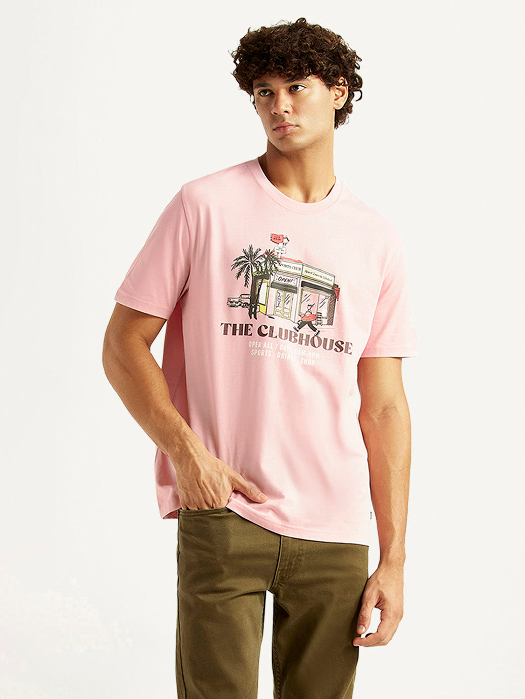 Men's Graphic Print Pink Crew Neck T-shirt
