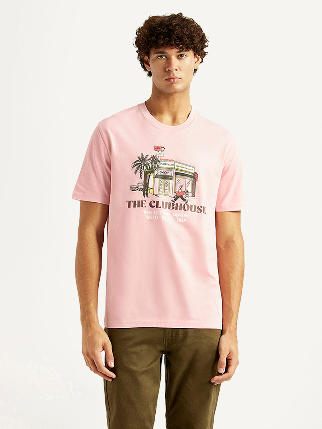 Men's Graphic Print Pink Crew Neck T-shirt - Front View