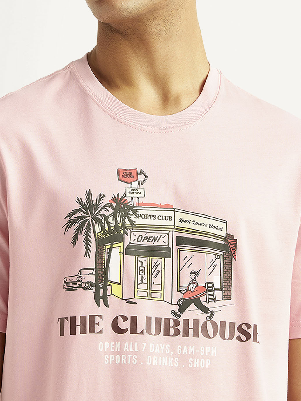 Men's Graphic Print Pink Crew Neck T-shirt - Detail View