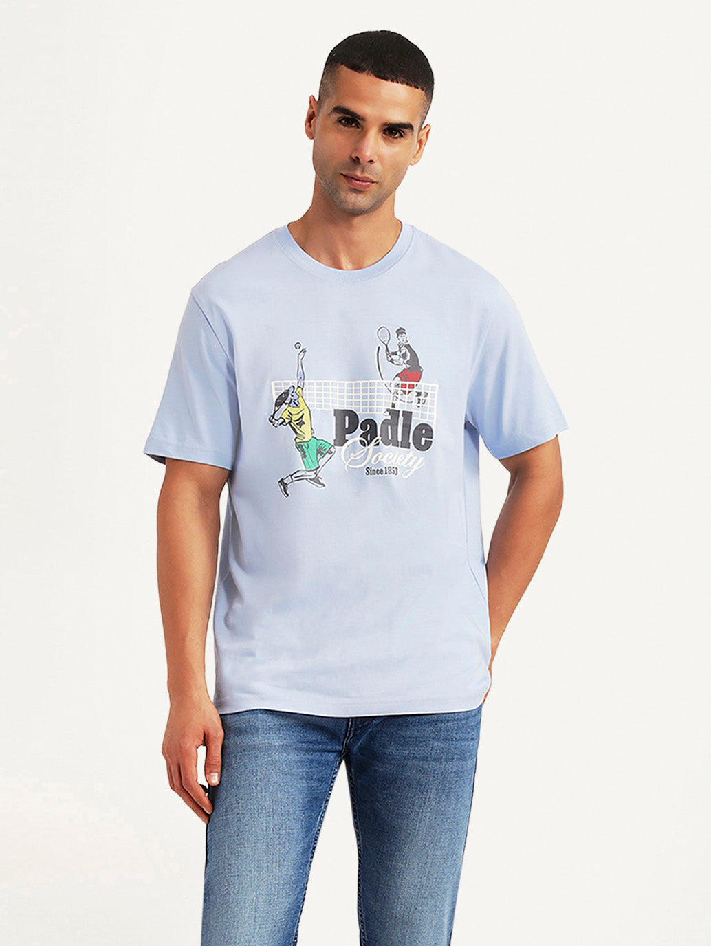 Men's Graphic Print Light Blue Crew Neck T-shirt
