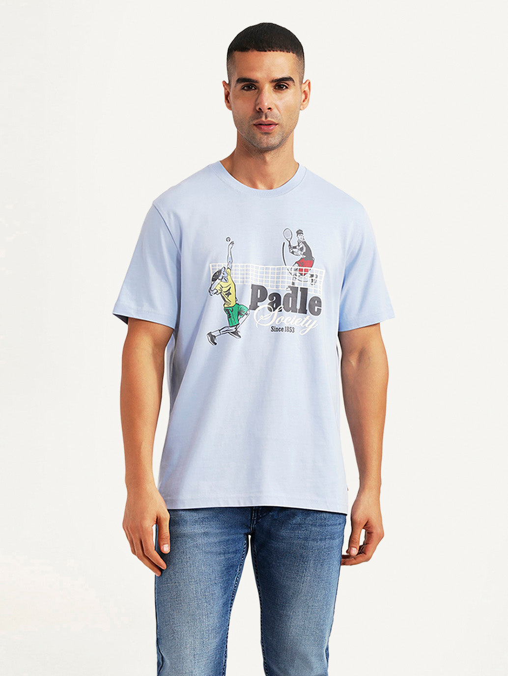 Men's Graphic Print Light Blue Crew Neck T-shirt - Front View