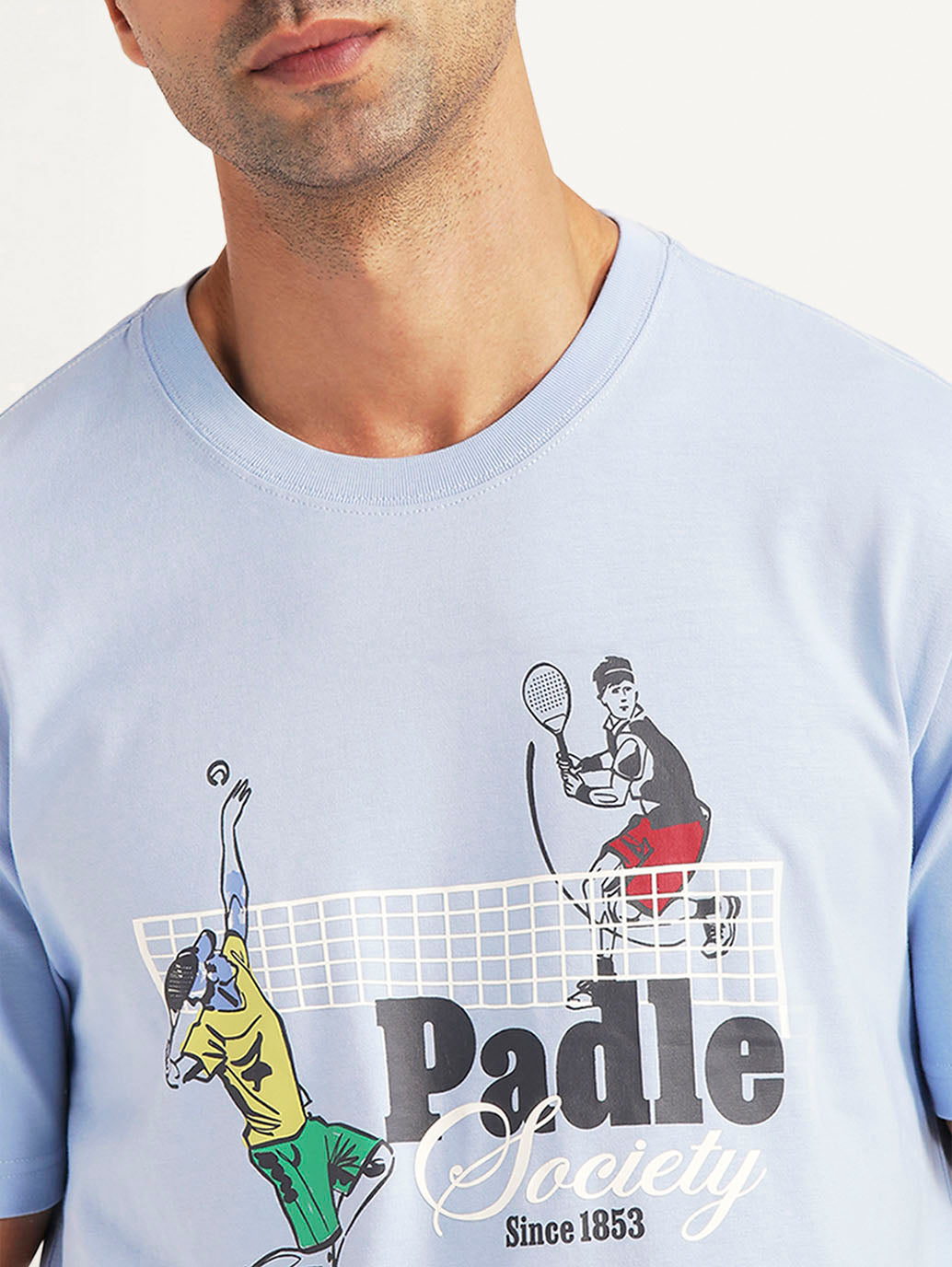 Men's Graphic Print Light Blue Crew Neck T-shirt - Detail View