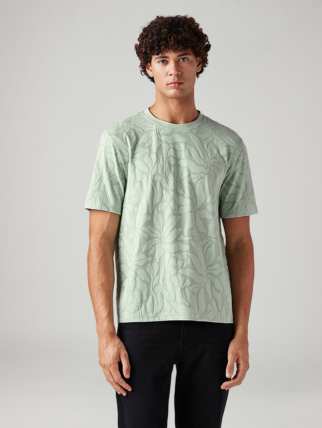 Men's Self-Design Regular Fit Textured T-Shirt - Front View