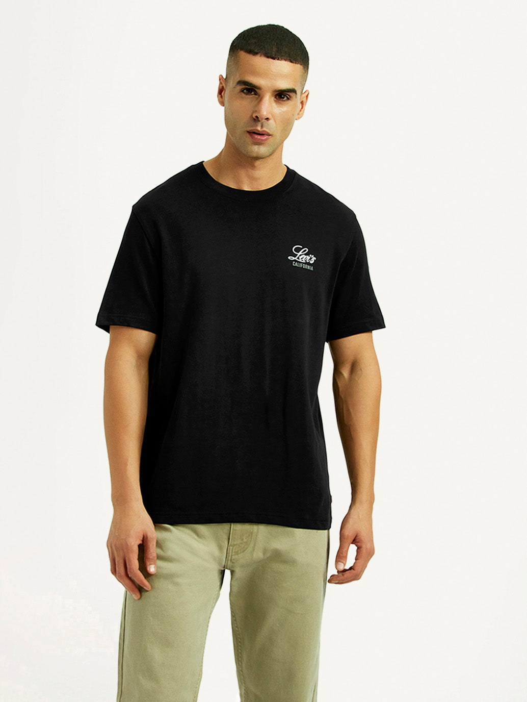 Men's Graphic Print Black Crew Neck T-shirt - Front View