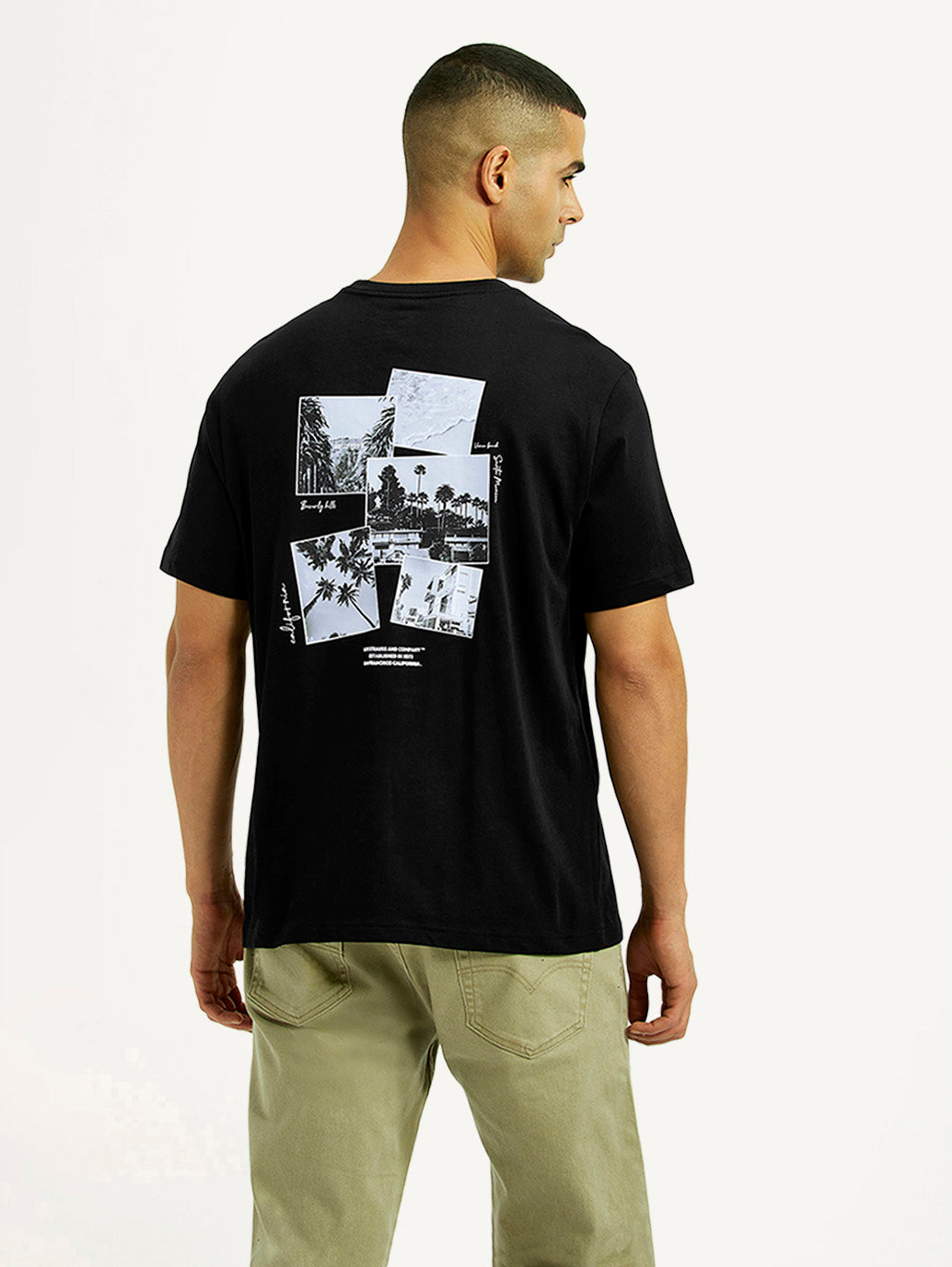 Men's Graphic Print Black Crew Neck T-shirt - Back View