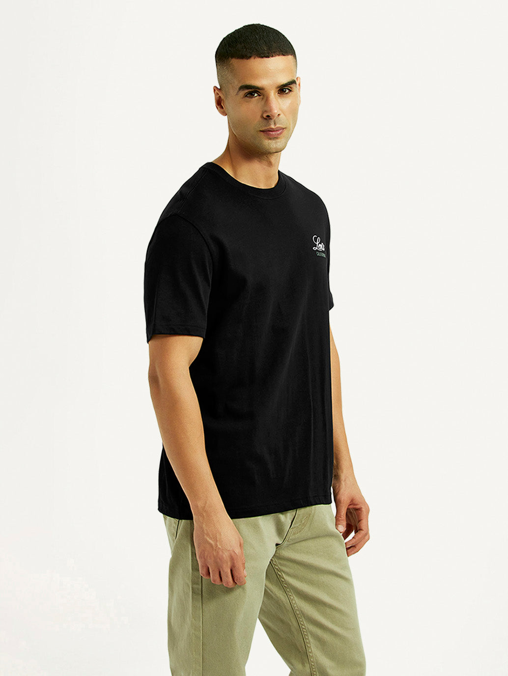 Men's Graphic Print Black Crew Neck T-shirt - Side View