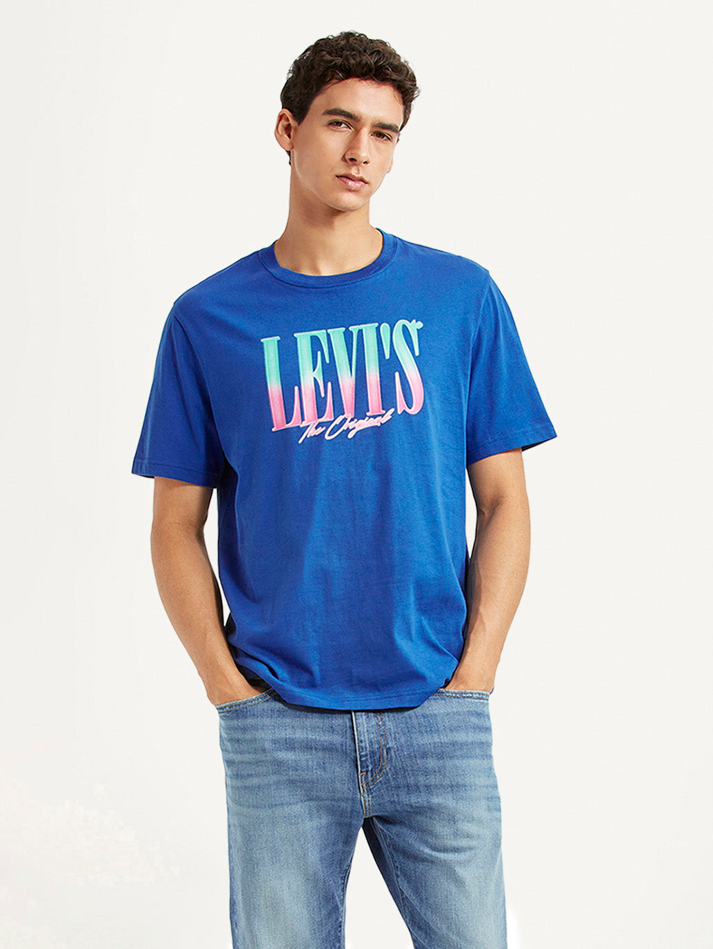 Men's Brand Logo Blue Crew Neck T-shirt