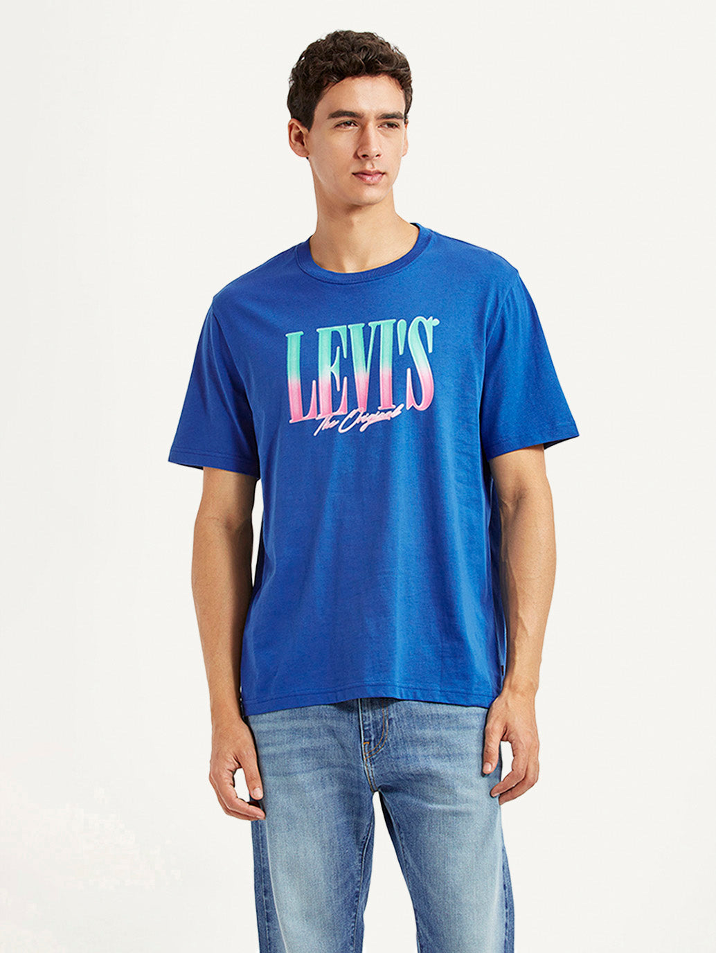 Men's Brand Logo Blue Crew Neck T-shirt - Front View
