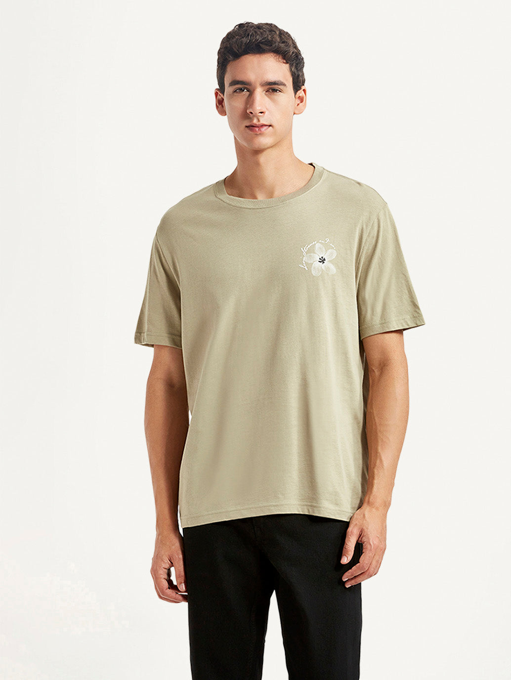 Men's Floral Beige Crew Neck T-shirt - Front View