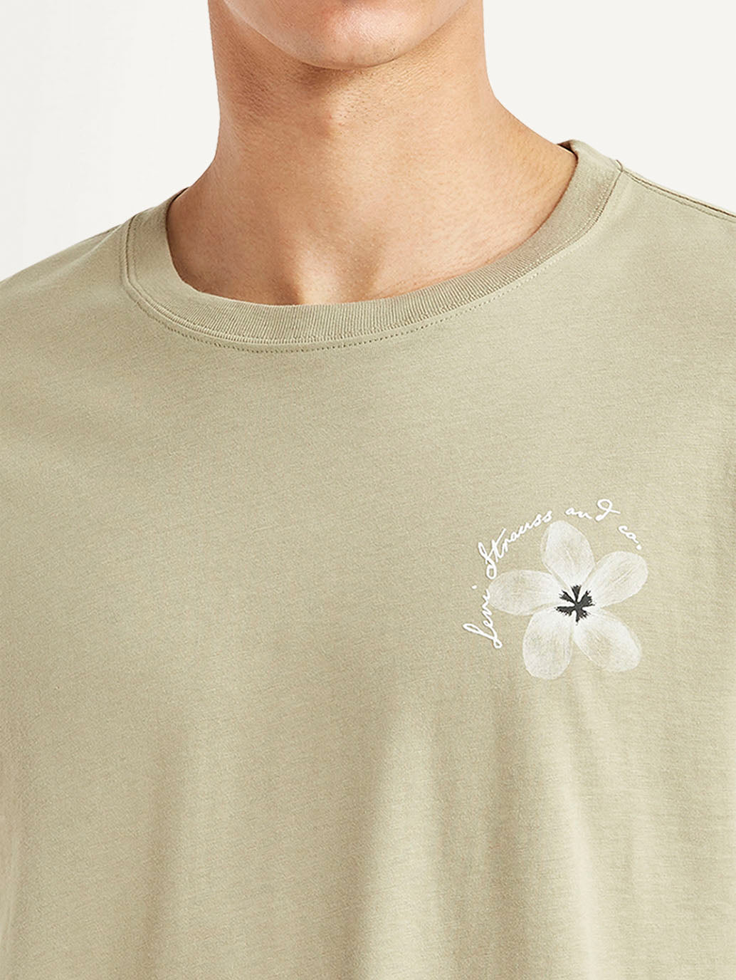 Men's Floral Beige Crew Neck T-shirt - Detail View
