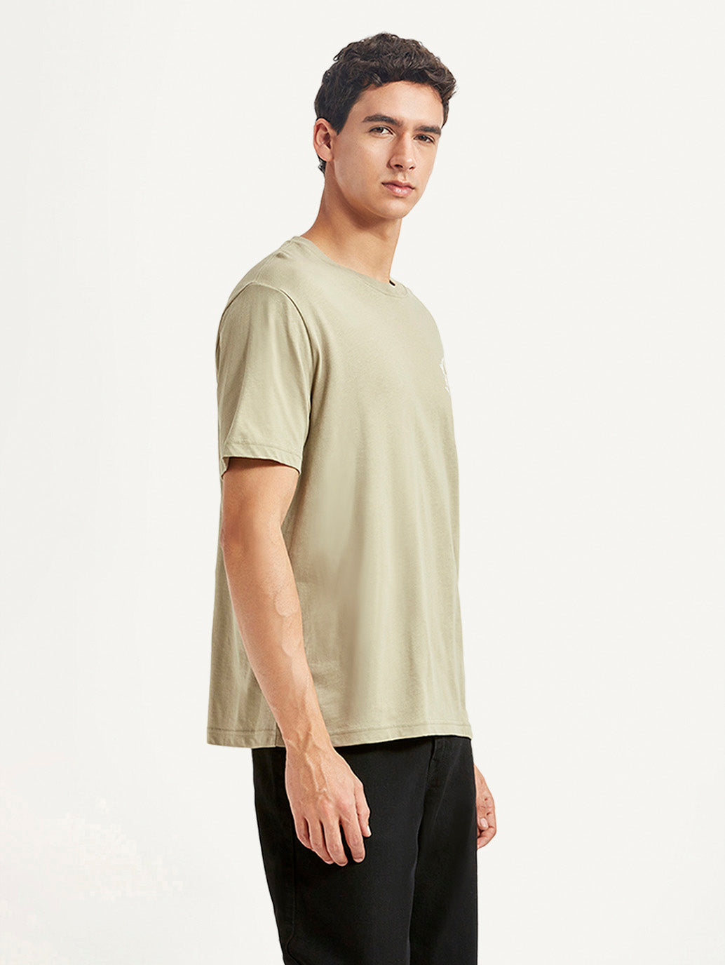 Men's Floral Beige Crew Neck T-shirt - Side View