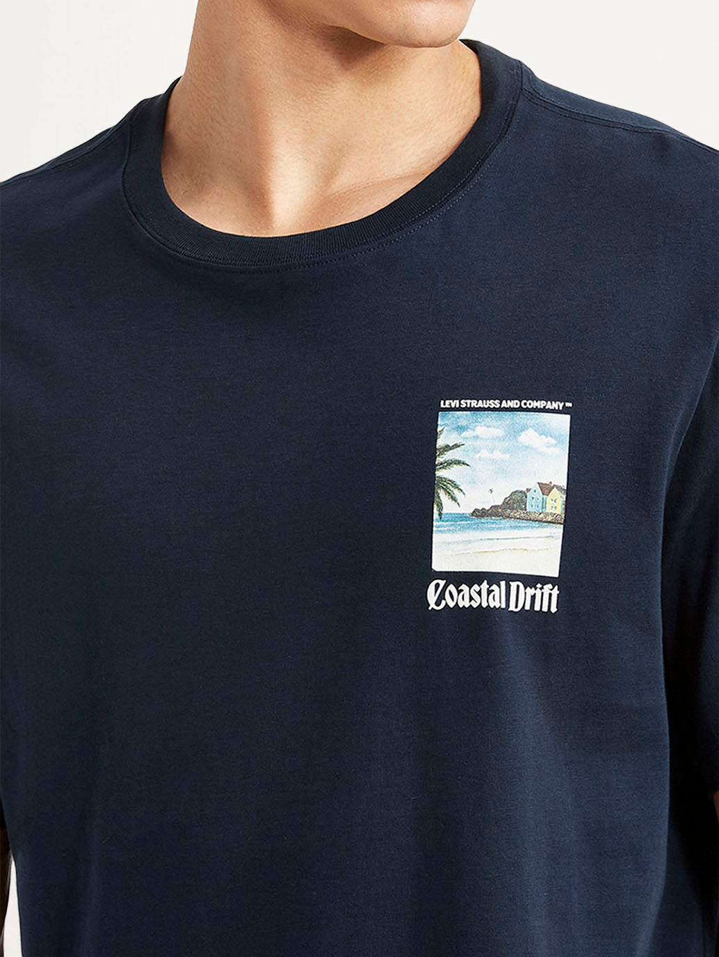 Men's Graphic Print Navy Crew Neck T-shirt - Detail View