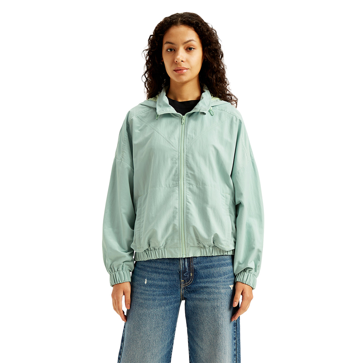 Women's Solid Light-Blue Hooded Windcheater Jacket - Front View