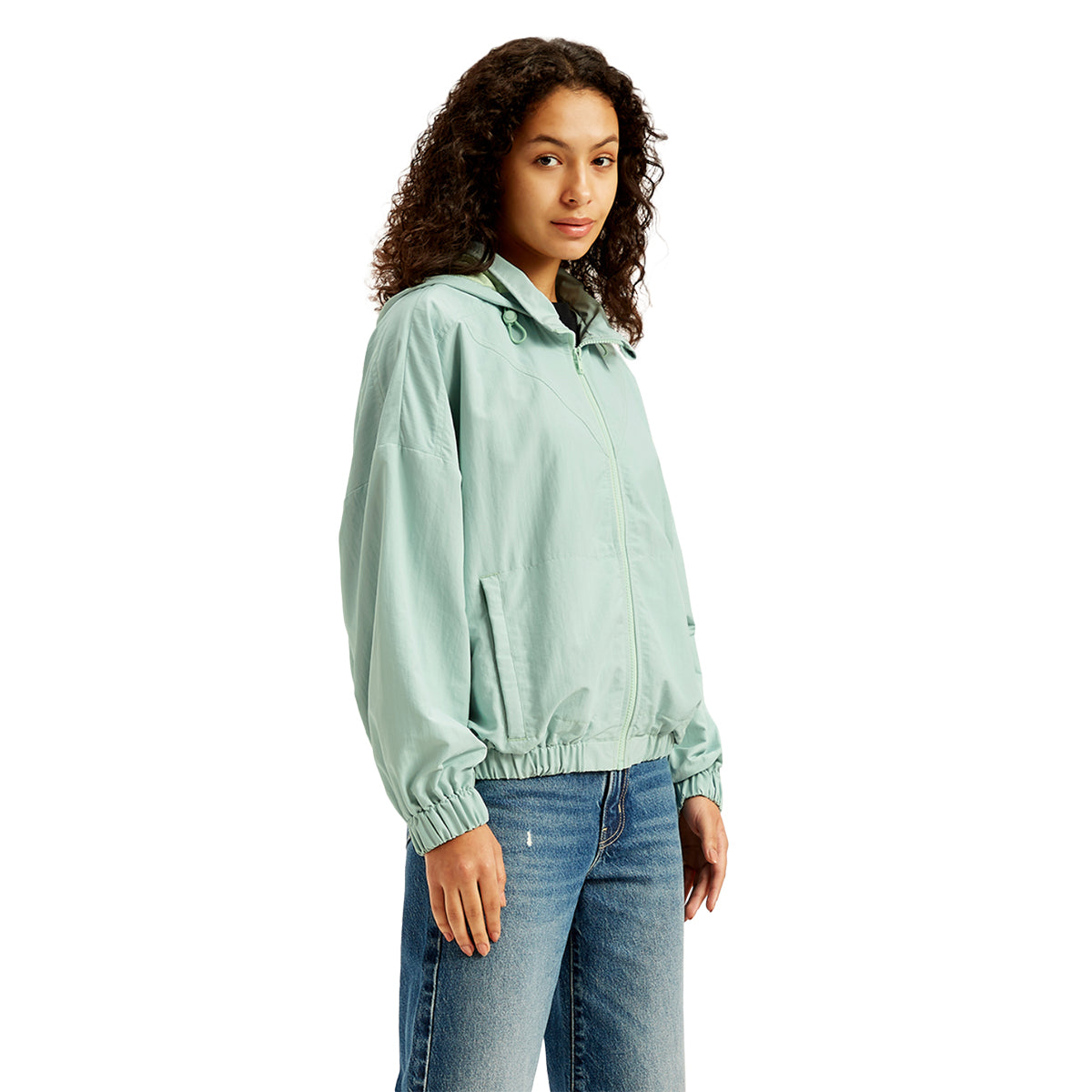 Women's Solid Light-Blue Hooded Windcheater Jacket - Side View