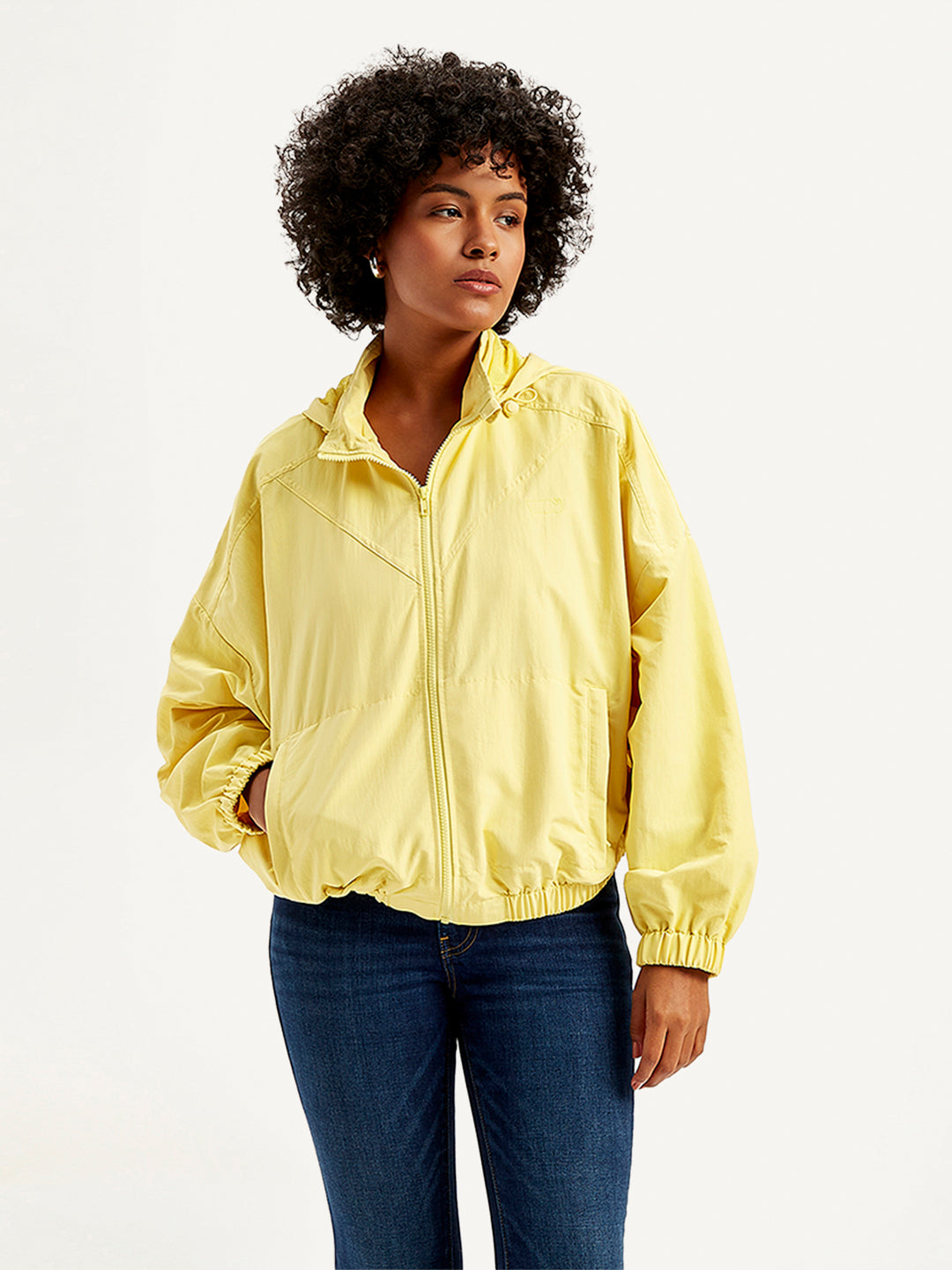 Women's Solid Yellow Hooded Windcheater Jacket - Front View