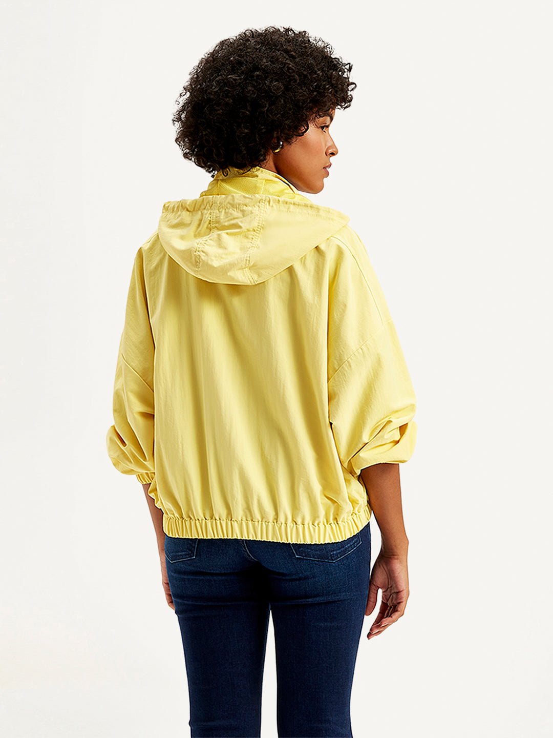 Women's Solid Yellow Hooded Windcheater Jacket - Back View